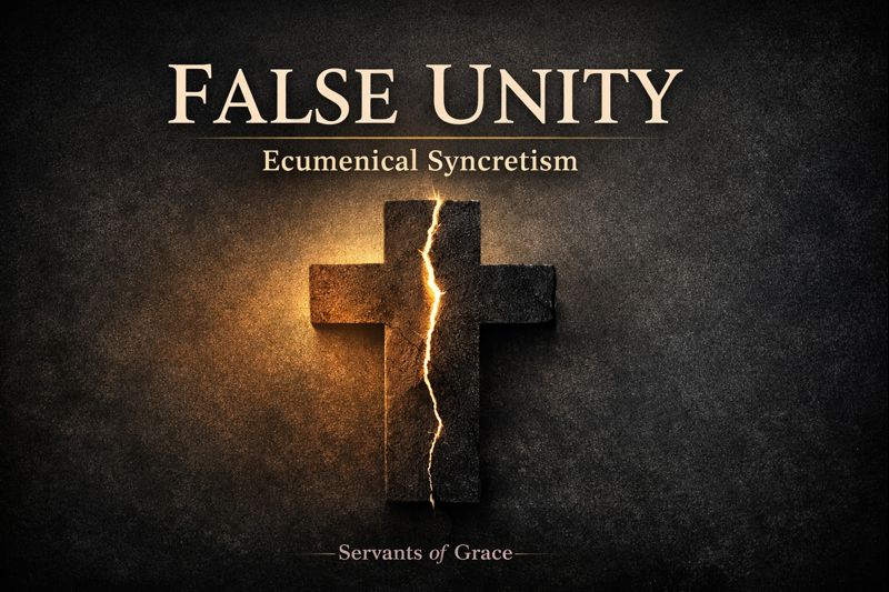 A fractured cross divided by light and shadow on a dark background with the text “False Unity – Ecumenical Syncretism,” symbolizing doctrinal compromise within the church.