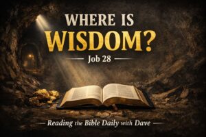 An open Bible illuminated by light in a dark cave, symbolizing the search for true wisdom in Job 28 and the fear of the Lord.