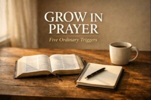 Open Bible with notebook and coffee on a wooden table, symbolizing growing in prayer through ordinary daily rhythms