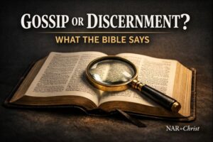 An open Bible on a dark background with a magnifying glass resting over the text and the words ‘Gossip or Discernment? What the Bible Says,’ representing biblical examination and testing of teaching.
