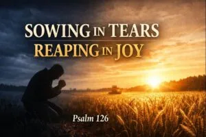 Psalm 126 sermon thumbnail showing a kneeling figure in prayer in a dark field transitioning to a sunlit harvest field, symbolizing sowing in tears and reaping in joy.