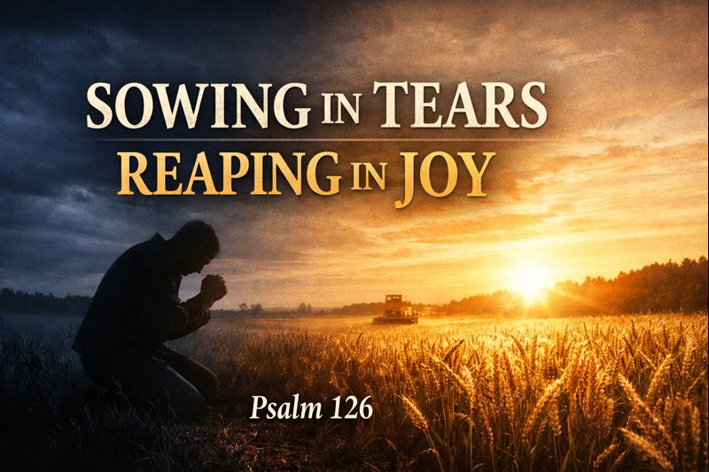 Psalm 126 sermon thumbnail showing a kneeling figure in prayer in a dark field transitioning to a sunlit harvest field, symbolizing sowing in tears and reaping in joy.