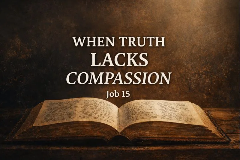 Open Bible illuminated by warm light with the words “When Truth Lacks Compassion – Job 15,” representing a devotional study from Reading the Bible Daily with Dave.
