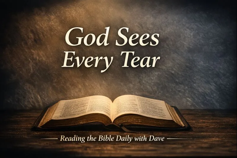 An open Bible resting on a dark wooden surface, illuminated by soft light, with the words “God Sees Every Tear,” representing Job 16 and God’s compassionate care for the suffering.