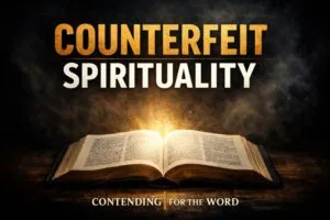 Thumbnail showing an open Bible glowing with light against a dark background, with the words “Counterfeit Spirituality” and “Contending for the Word,” illustrating the contrast between biblical truth and experience-driven spirituality.