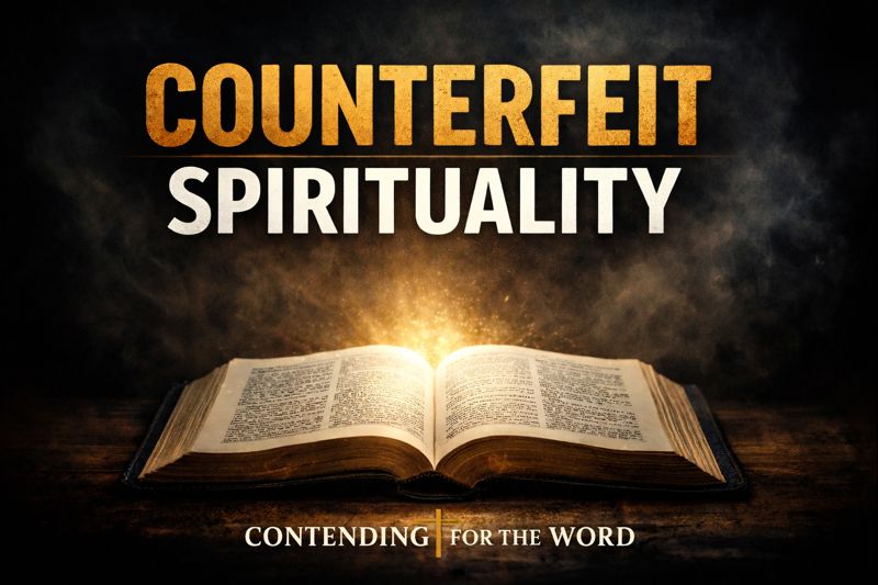 Thumbnail showing an open Bible glowing with light against a dark background, with the words “Counterfeit Spirituality” and “Contending for the Word,” illustrating the contrast between biblical truth and experience-driven spirituality.