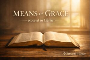 Open Bible in warm natural light on a wooden table, representing the means of grace and Christian spiritual growth rooted in Christ.