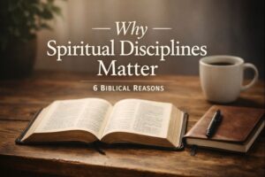 Open Bible on a wooden table with a journal and pen, illustrating why spiritual disciplines matter for Christian growth and godliness.