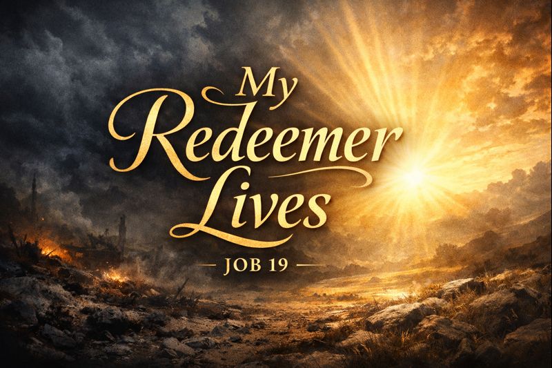 Job 19 Bible teaching thumbnail showing a dark landscape giving way to radiant light with the words “My Redeemer Lives,” highlighting resurrection hope in Christ.