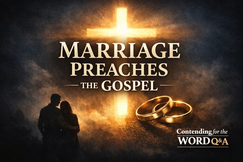 Marriage symbolized by a glowing cross, wedding rings, and a husband and wife silhouette, representing marriage as a picture of the gospel and Christ’s covenant love for the church