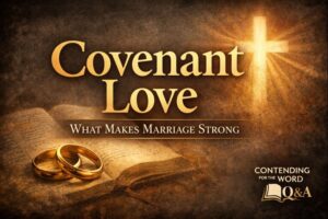 Covenant love as the biblical foundation of a strong, God-honoring marriage, illustrated with wedding rings, an open Bible, and a cross.
