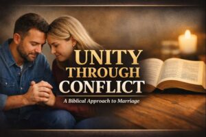 Christian couple praying together beside an open Bible, illustrating unity through conflict in a Christ-centered marriage