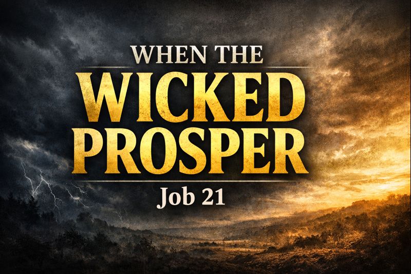 Job 21 Bible study thumbnail reading ‘When the Wicked Prosper,’ featuring a dramatic contrast between a dark stormy sky and a bright landscape, from Reading the Bible Daily with Dave