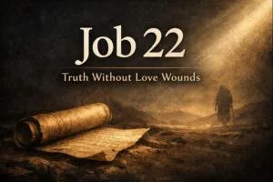 Job 22 Bible study thumbnail showing an ancient scroll in the foreground and a solitary figure in a dark desert, symbolizing false accusation, repentance, and God’s grace in Reading the Bible Daily with Dave.