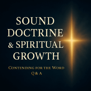 Dark navy background with a glowing golden cross-shaped beam of light on the right side. Large serif text on the left reads ‘Sound Doctrine & Spiritual Growth’ and below it ‘Contending for the Word Q&A.’ Warm, elegant lighting and clean typography create a pastoral, authoritative feel.