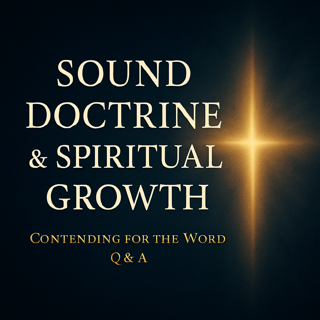 Dark navy background with a glowing golden cross-shaped beam of light on the right side. Large serif text on the left reads ‘Sound Doctrine & Spiritual Growth’ and below it ‘Contending for the Word Q&A.’ Warm, elegant lighting and clean typography create a pastoral, authoritative feel.