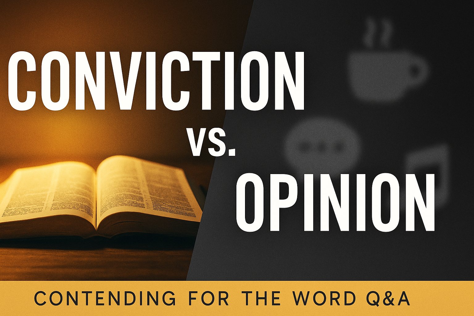 Diagonal split thumbnail with an open Bible glowing in warm golden light on the left, contrasted with blurred icons representing personal preferences on a dark background on the right, with bold white text reading ‘Conviction vs. Opinion’ and a gold footer labeled ‘Contending for the Word Q&A.