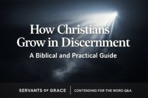 Foggy dark background with a sharp beam of light cutting through the mist, illuminating the centered title ‘How Christians Grow in Discernment, A Biblical and Practical Guide,’ with a black brand bar at the bottom displaying ‘Servants of Grace’ and ‘Contending for the Word Q&A