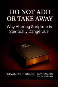 A closed Holy Bible rests on a dark red background, glowing with warm golden light, with bold text above reading ‘Do Not Add or Take Away’ and the subtitle ‘Why Altering Scripture Is Spiritually Dangerous,’ and a black brand bar at the bottom displaying ‘Servants of Grace | Contending for the Word Q&A.