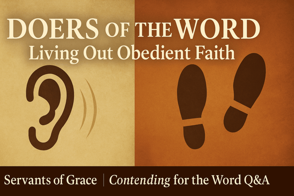 A split-image thumbnail showing a large ear icon on the left and two footsteps on the right, symbolizing hearing and doing God’s Word. The title ‘Doers of the Word’ and subtitle ‘Living Out Obedient Faith’ are centered above, with a brown brand bar at the bottom reading ‘Servants of Grace | Contending for the Word Q&A.