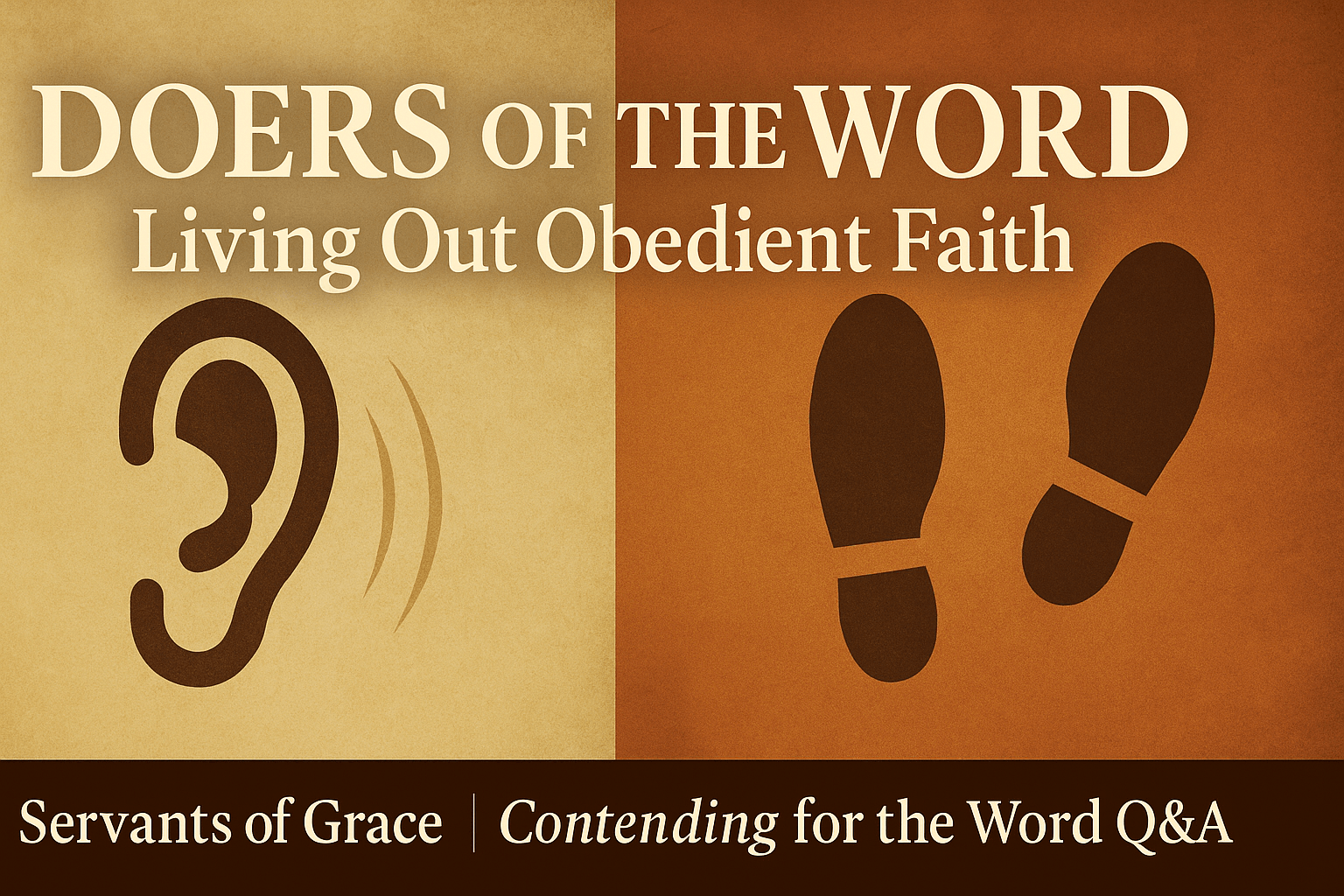 A split-image thumbnail showing a large ear icon on the left and two footsteps on the right, symbolizing hearing and doing God’s Word. The title ‘Doers of the Word’ and subtitle ‘Living Out Obedient Faith’ are centered above, with a brown brand bar at the bottom reading ‘Servants of Grace | Contending for the Word Q&A.