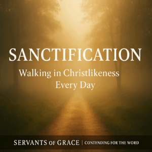 A sunrise path through soft golden fog representing the Christian walk of holiness, with text ‘Sanctification — Walking in Christlikeness Every Day’ and Servants of Grace branding.