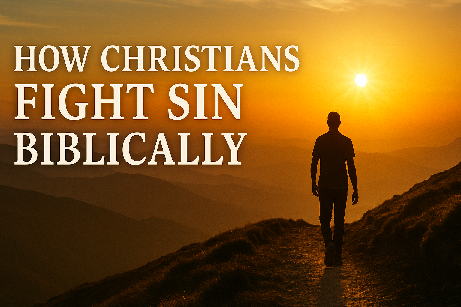 A sunrise over a mountain ridge with a path representing hope and victory in Christ, with overlay text ‘How Christians Fight Sin Biblically.