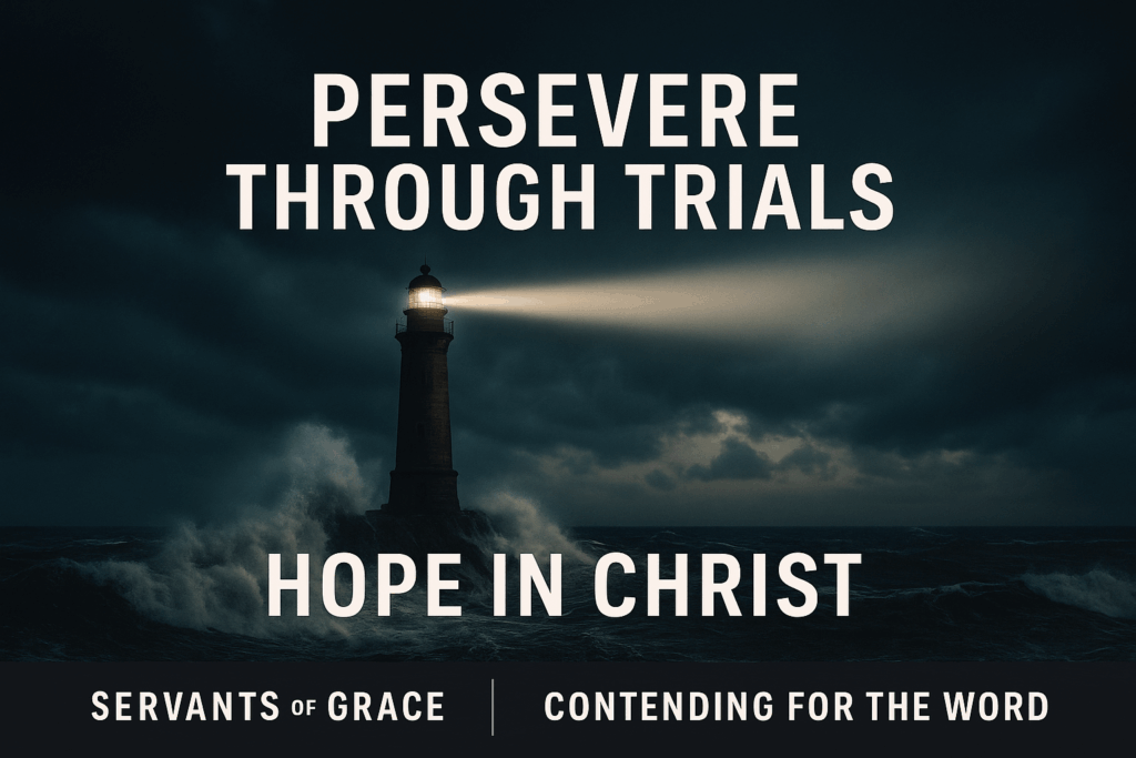 A lighthouse standing firm in a dark storm with waves crashing around it, illuminated by a beam of light. Large text reads “Persevere Through Trials,” with “Hope in Christ” below, and a brand bar that says “Servants of Grace | Contending for the Word.”