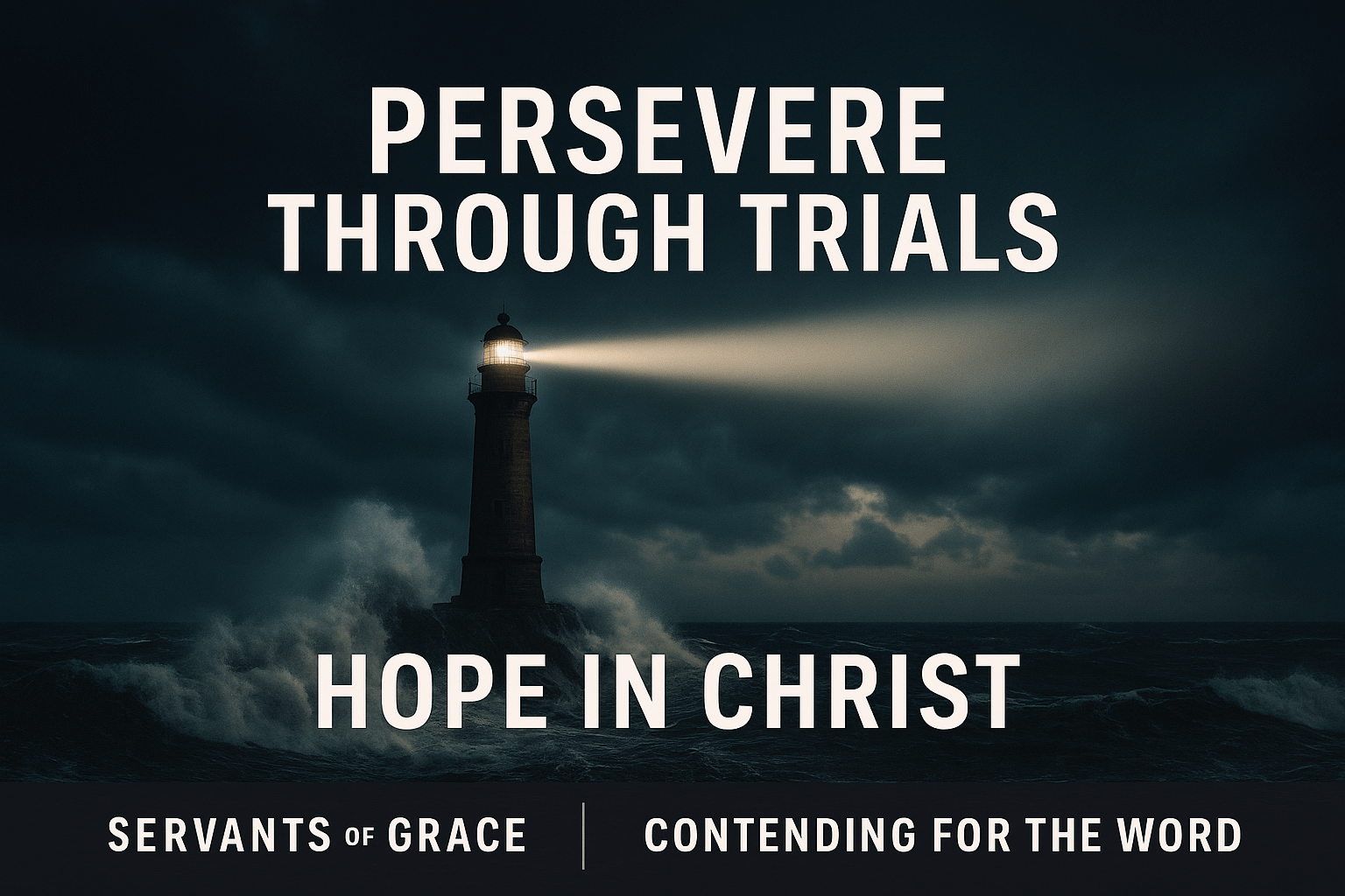A lighthouse standing firm in a dark storm with waves crashing around it, illuminated by a beam of light. Large text reads “Persevere Through Trials,” with “Hope in Christ” below, and a brand bar that says “Servants of Grace | Contending for the Word.”