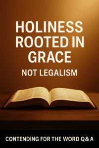 An open Bible lit by warm golden light with bold white text reading ‘Holiness Rooted in Grace — Not Legalism,’ and a black brand bar at the bottom displaying ‘Contending for the Word Q&A.