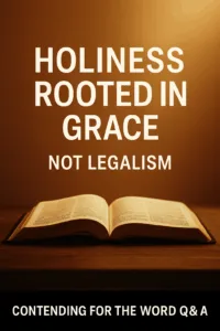 An open Bible lit by warm golden light with bold white text reading ‘Holiness Rooted in Grace — Not Legalism,’ and a black brand bar at the bottom displaying ‘Contending for the Word Q&A.
