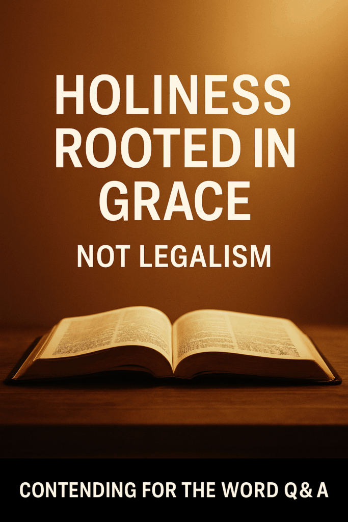 An open Bible lit by warm golden light with bold white text reading ‘Holiness Rooted in Grace — Not Legalism,’ and a black brand bar at the bottom displaying ‘Contending for the Word Q&A.