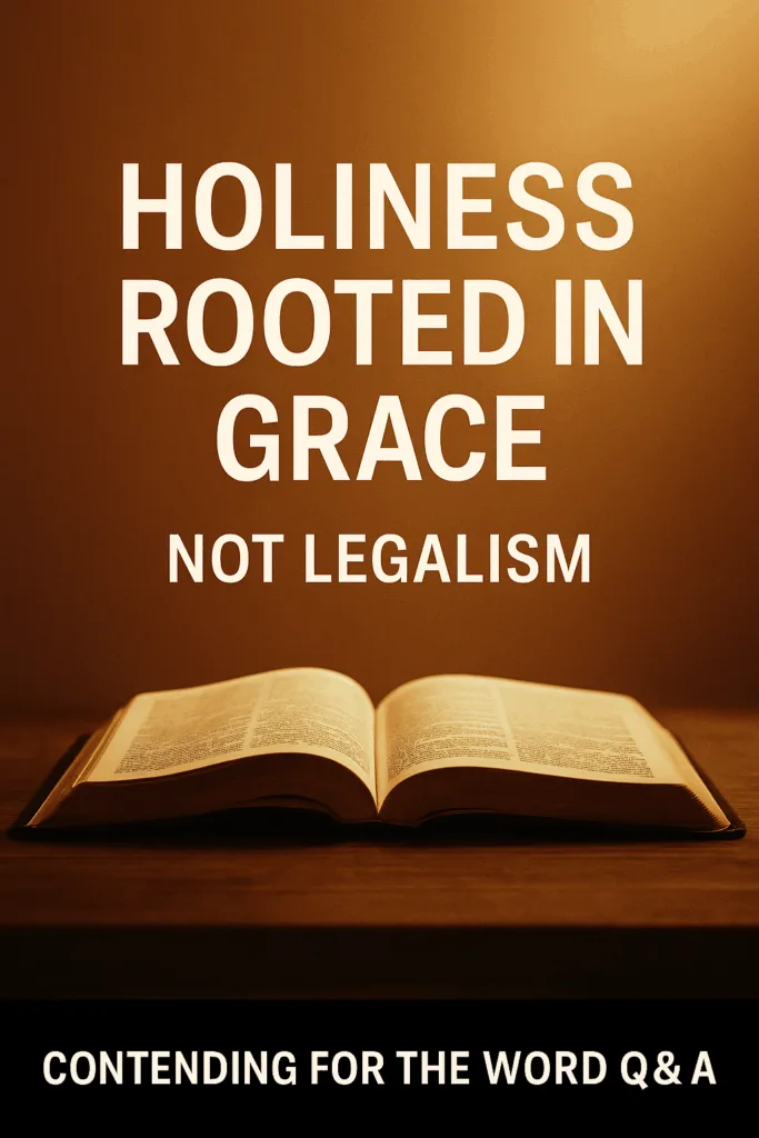 An open Bible lit by warm golden light with bold white text reading ‘Holiness Rooted in Grace — Not Legalism,’ and a black brand bar at the bottom displaying ‘Contending for the Word Q&A.