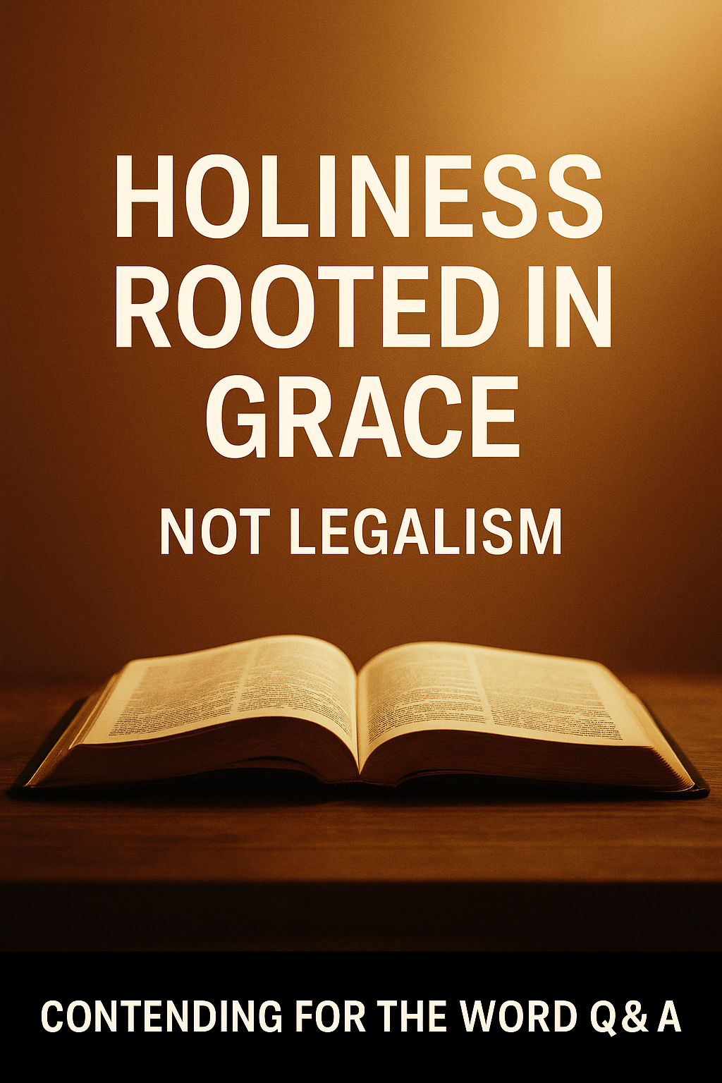 An open Bible lit by warm golden light with bold white text reading ‘Holiness Rooted in Grace — Not Legalism,’ and a black brand bar at the bottom displaying ‘Contending for the Word Q&A.