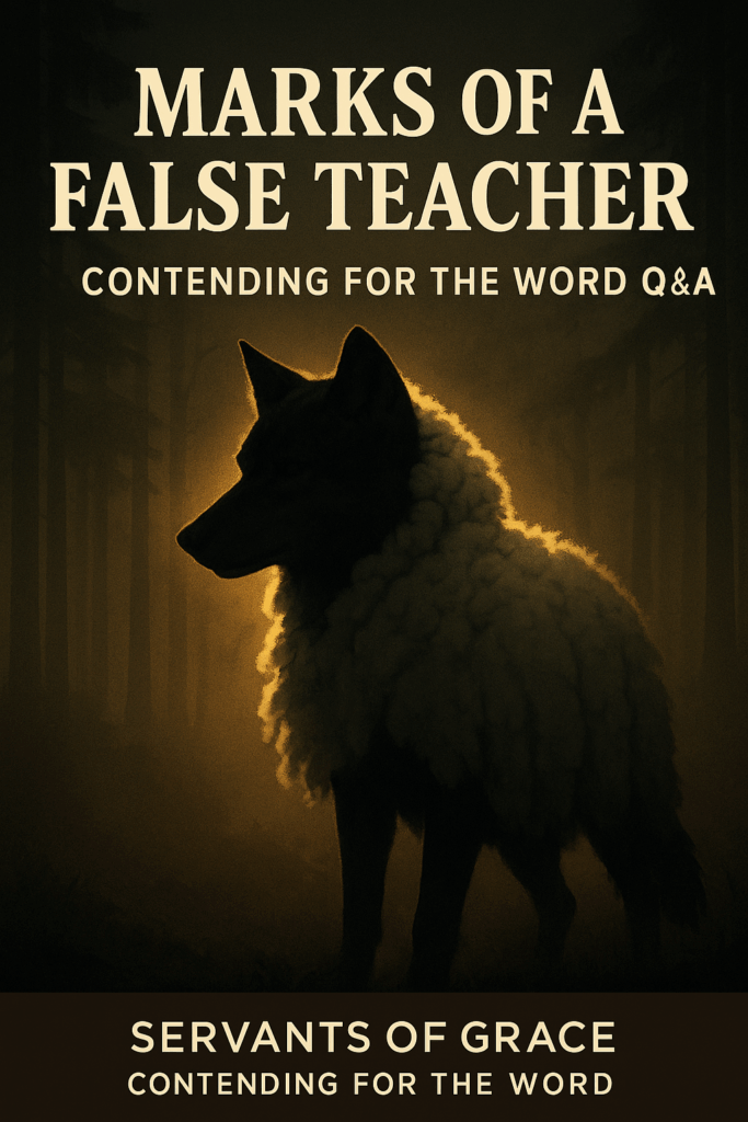 Recognizing the Marks of a False Teacher 2 A symbolic wolf in sheep’s clothing with dramatic lighting and bold text that reads ‘Marks of a False Teacher — Contending for the Word Q&A.