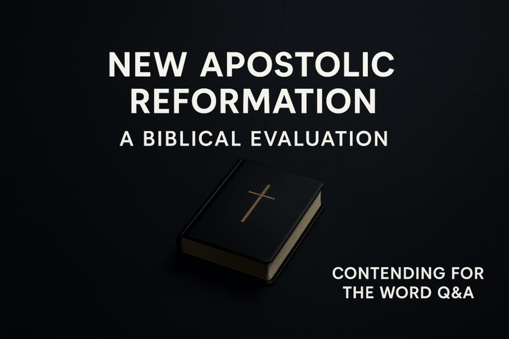 A dark, minimalist thumbnail with the title ‘New Apostolic Reformation – A Biblical Evaluation’ in bold white text centered above a closed black Bible with a gold cross, with the branding ‘Contending for the Word Q&A’ in the bottom right corner on a textured charcoal background.