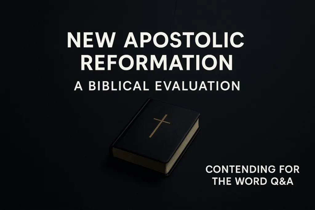 A dark, minimalist thumbnail with the title ‘New Apostolic Reformation – A Biblical Evaluation’ in bold white text centered above a closed black Bible with a gold cross, with the branding ‘Contending for the Word Q&A’ in the bottom right corner on a textured charcoal background.