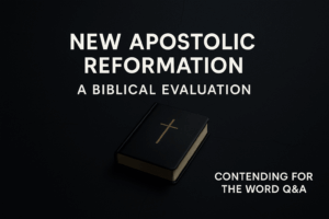 A dark, minimalist thumbnail with the title ‘New Apostolic Reformation – A Biblical Evaluation’ in bold white text centered above a closed black Bible with a gold cross, with the branding ‘Contending for the Word Q&A’ in the bottom right corner on a textured charcoal background.