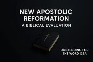 A dark, minimalist thumbnail with the title ‘New Apostolic Reformation – A Biblical Evaluation’ in bold white text centered above a closed black Bible with a gold cross, with the branding ‘Contending for the Word Q&A’ in the bottom right corner on a textured charcoal background.