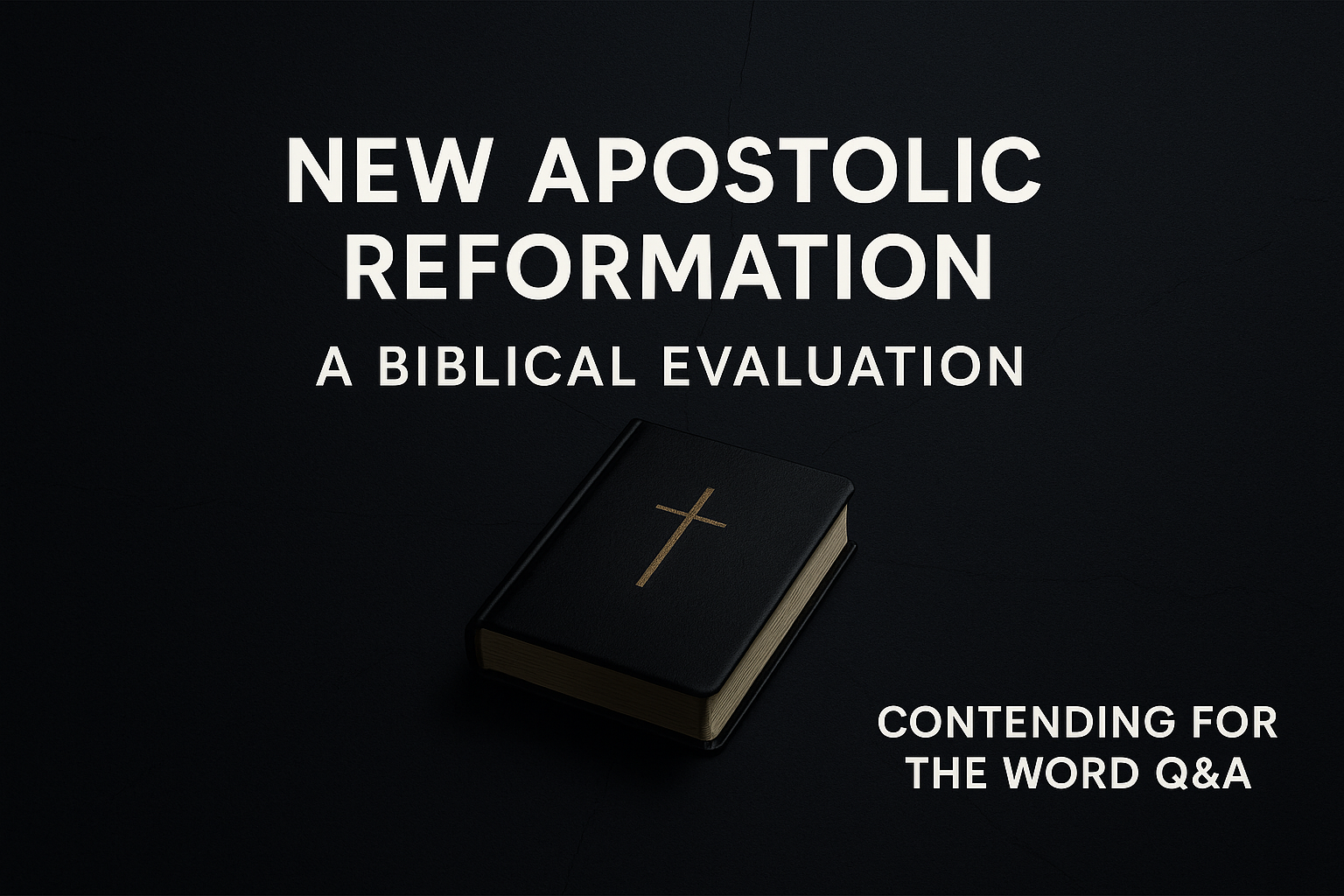 A dark, minimalist thumbnail with the title ‘New Apostolic Reformation – A Biblical Evaluation’ in bold white text centered above a closed black Bible with a gold cross, with the branding ‘Contending for the Word Q&A’ in the bottom right corner on a textured charcoal background.