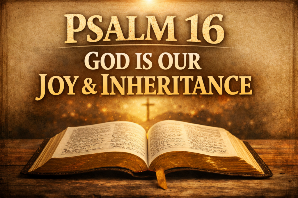 Psalm 16 Bible study episode thumbnail with open Bible and title text about God as refuge, joy, and eternal inheritance from Reading the Bible Daily with Dave.