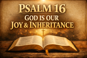 Psalm 16 Bible study episode thumbnail with open Bible and title text about God as refuge, joy, and eternal inheritance from Reading the Bible Daily with Dave.