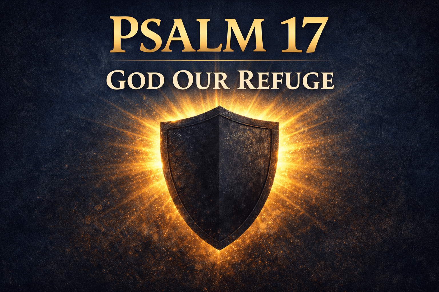 Psalm 17 thumbnail with a dark blue background, a glowing gold shield at the center, and bold title text reading “PSALM 17 — GOD OUR REFUGE,” representing God’s protection and refuge for His people.