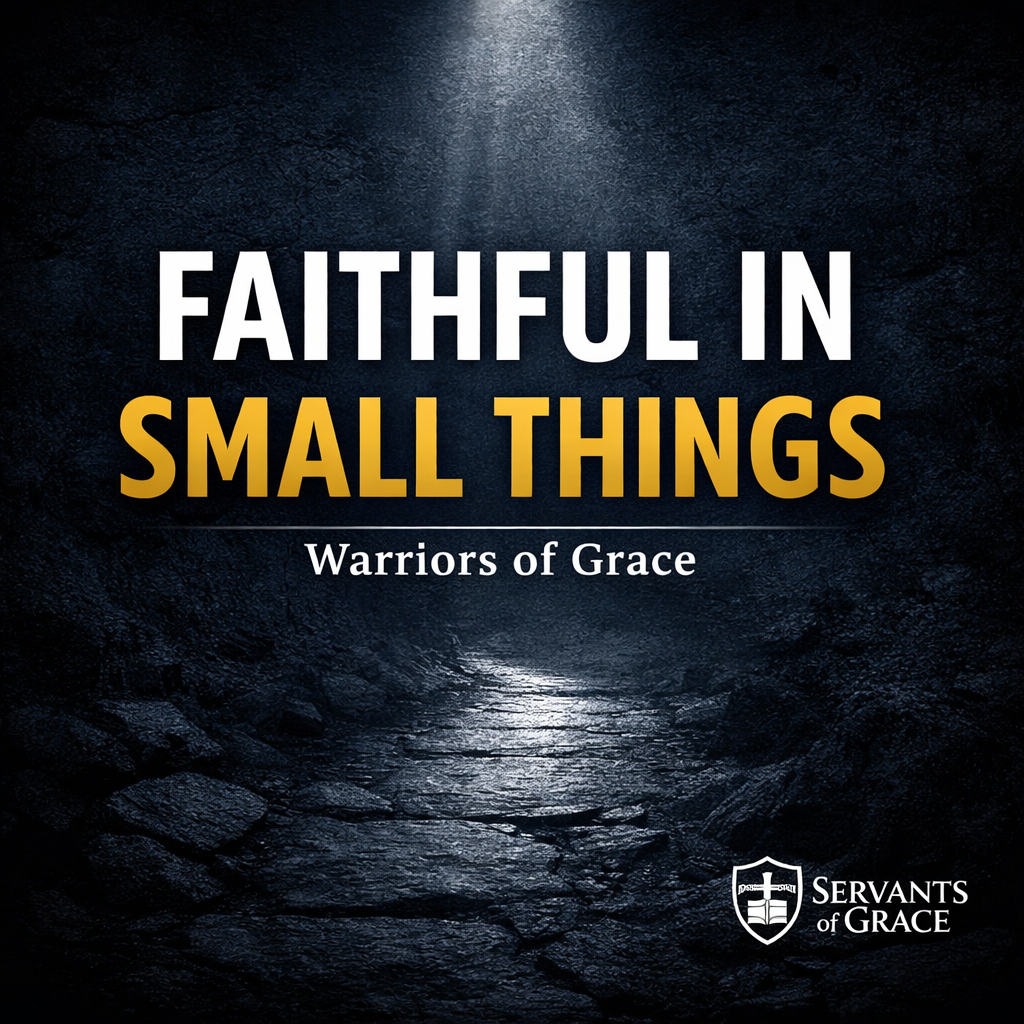 Faithful in the Small Things Warriors of Grace podcast thumbnail with bold white and gold text over a dark stone path background with spotlight and Servants of Grace logo in the corner.