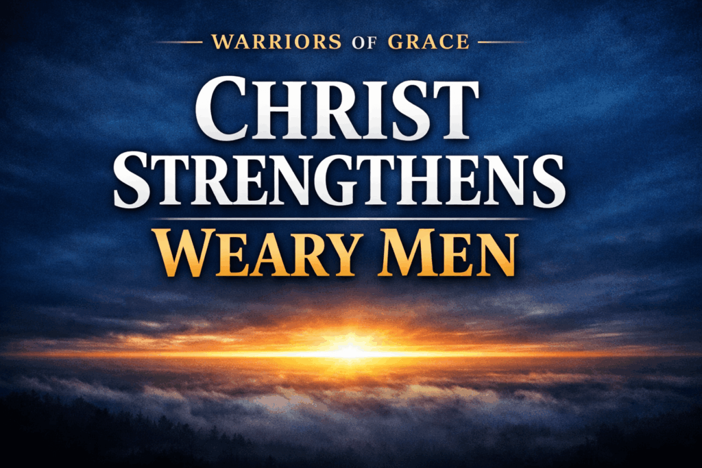 Podcast thumbnail for Warriors of Grace with bold text reading “Christ Strengthens Weary Men” above a sunrise breaking over clouds, using white and gold lettering on a dark blue sky background.