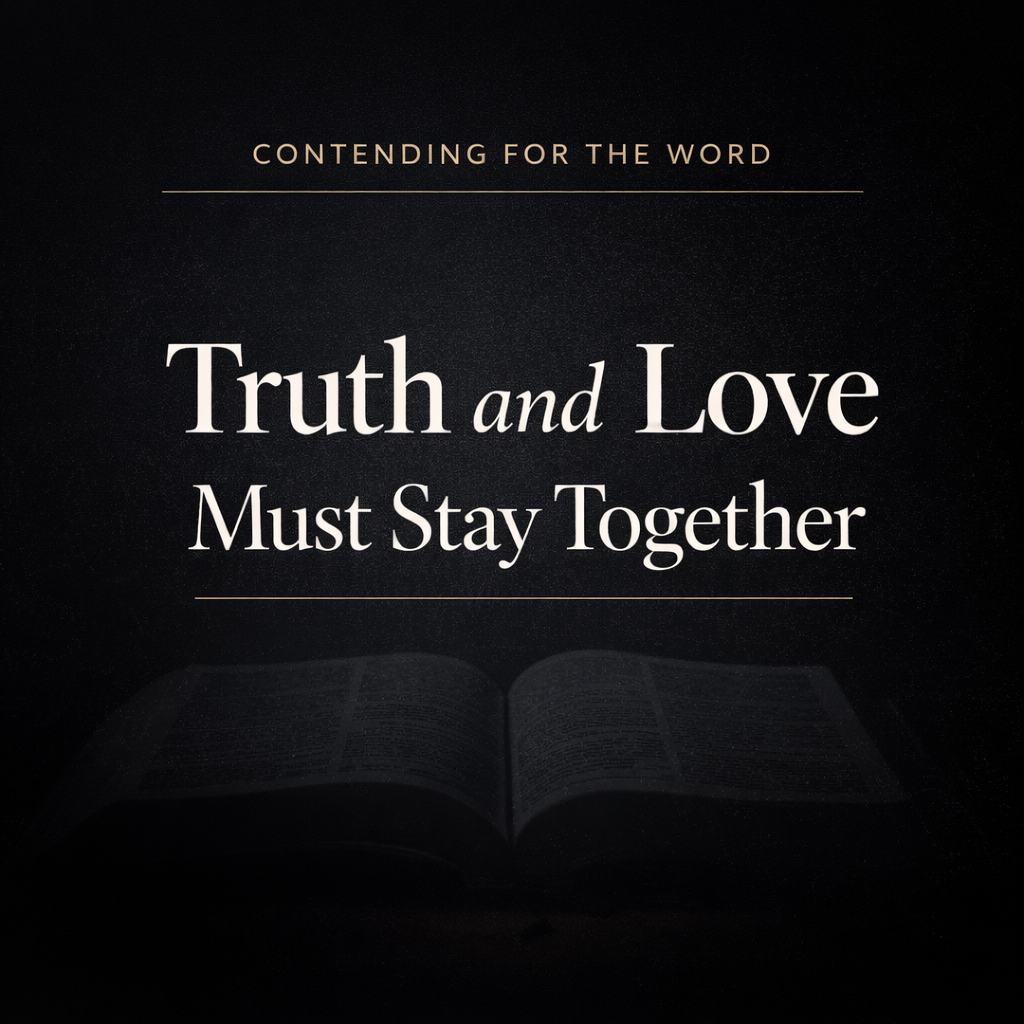 Contending for the Word article thumbnail with dark background, open Bible image, and bold white headline text reading “Truth and Love Must Stay Together” with a Contending for the Word label at the top.