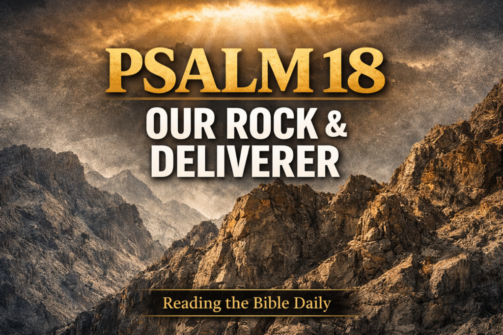 Psalm 18 YouTube thumbnail with rugged mountain rock background and bold gold and white text reading “PSALM 18 — Our Rock and Deliverer” for the Reading the Bible Daily with Dave Bible teaching series by Servants of Grace.