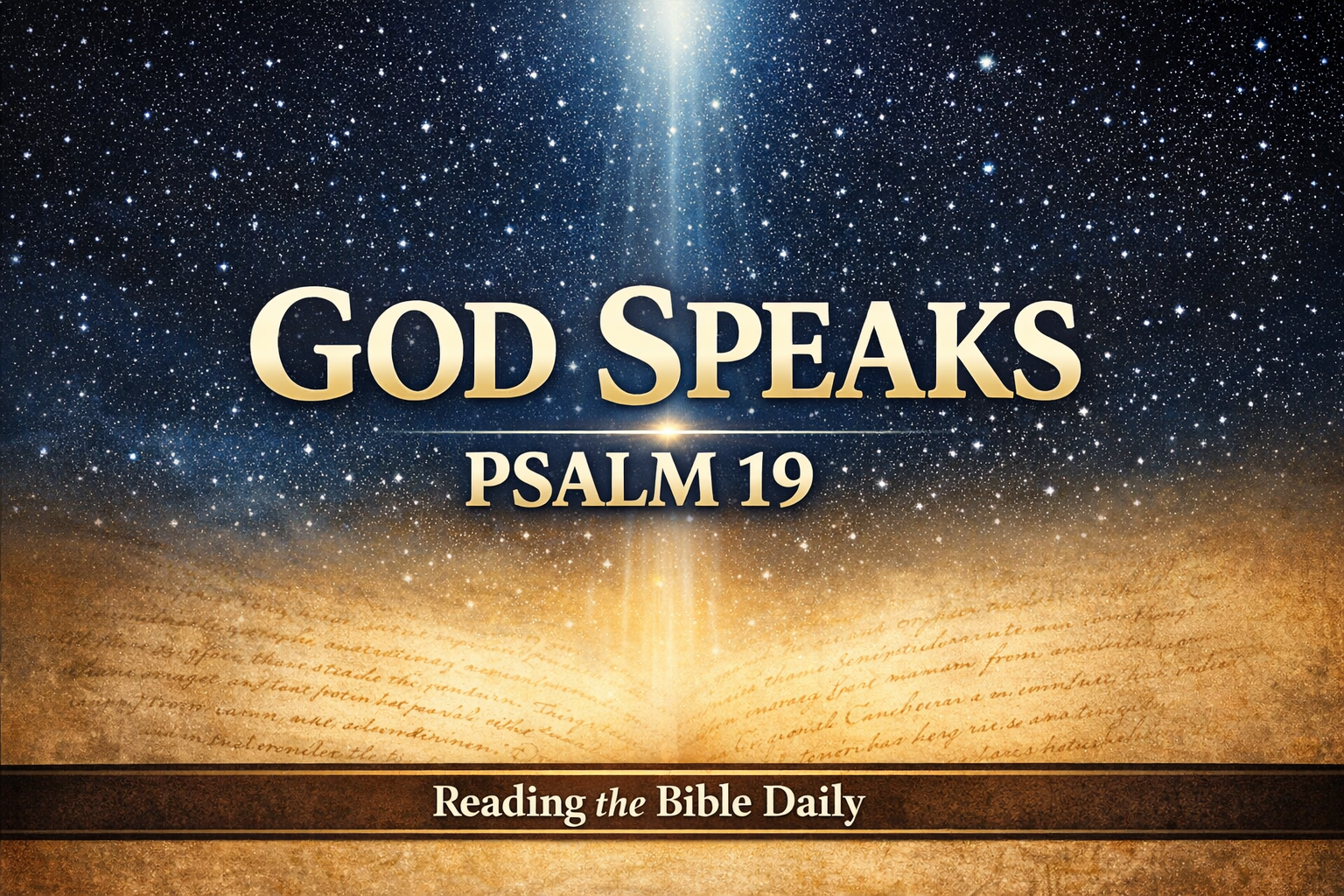 God Speaks Psalm 19 YouTube thumbnail with starry sky over parchment background and light beam, labeled Reading the Bible Daily with Dave, focused on God’s revelation through creation and Scripture