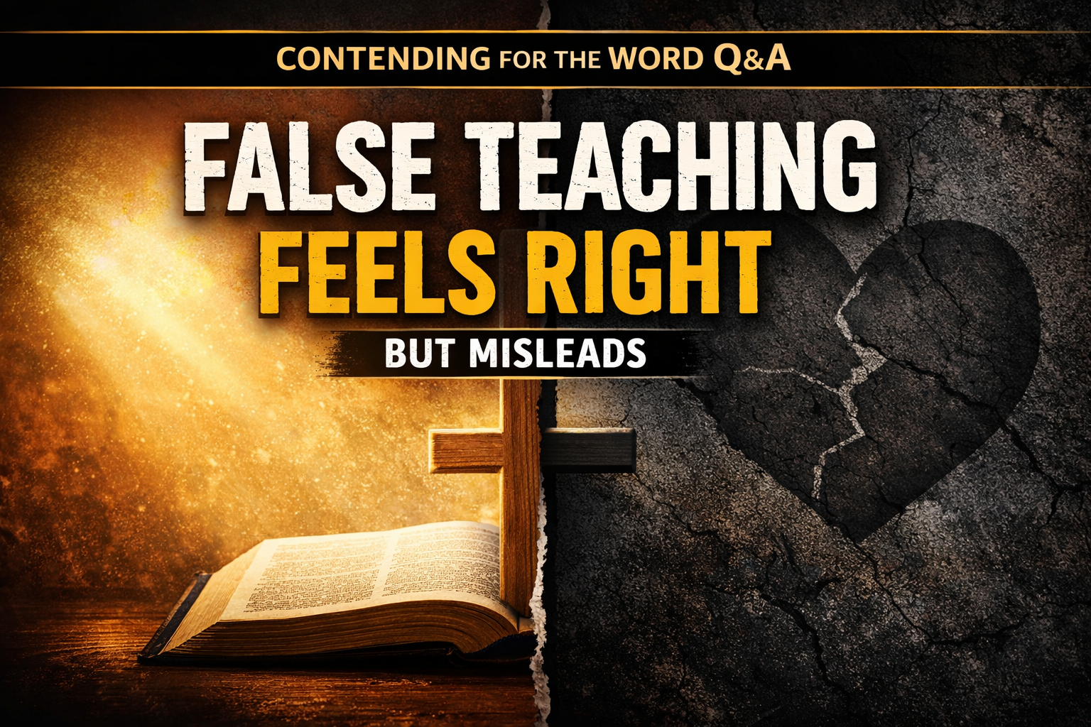 YouTube thumbnail for Contending for the Word Q&A showing an open Bible and cross with contrasting light and dark background and bold text reading “False Teaching Feels Right But Misleads.”