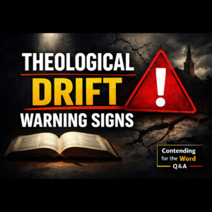 Theological Drift Warning Signs thumbnail with open Bible under a spotlight, cracked ground texture, red warning triangle icon, church silhouette in dark background, and bold text reading “Theological Drift Warning Signs” with Contending for the Word Q&A branding.